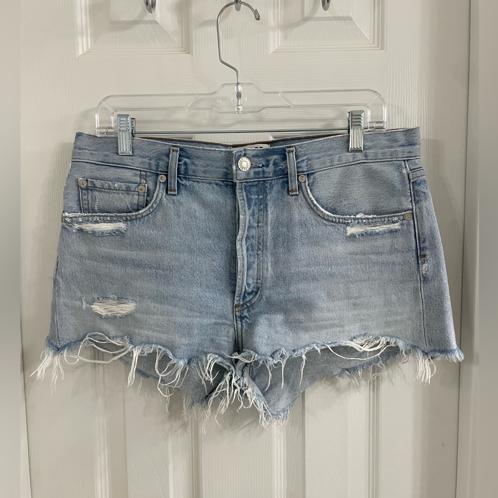 Agolde Blue Distressed Denim Cut-Off Shorts Light Wash with Frayed Hem Size 28